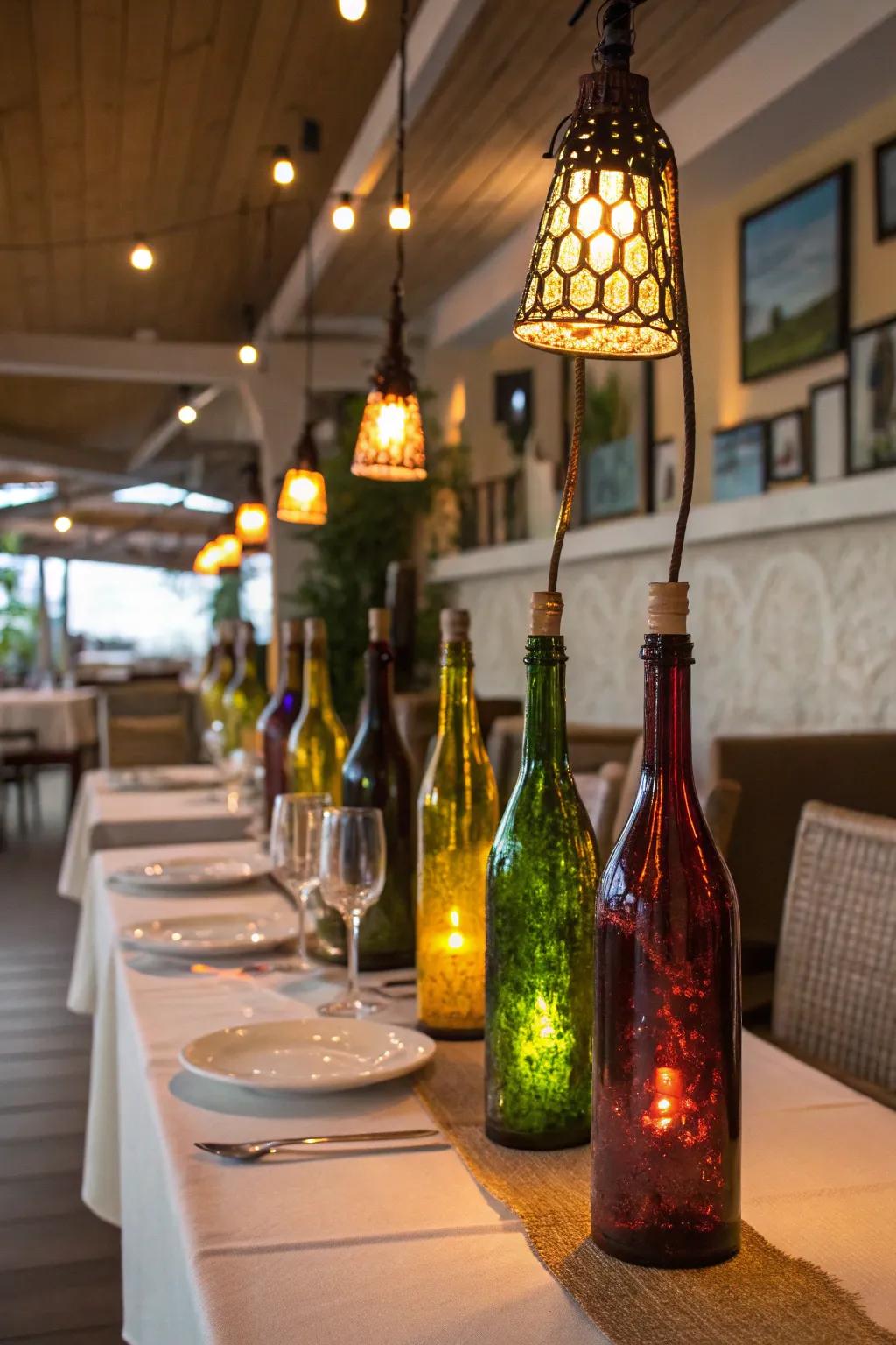 Eco-conscious bottle lamps for your dining area.