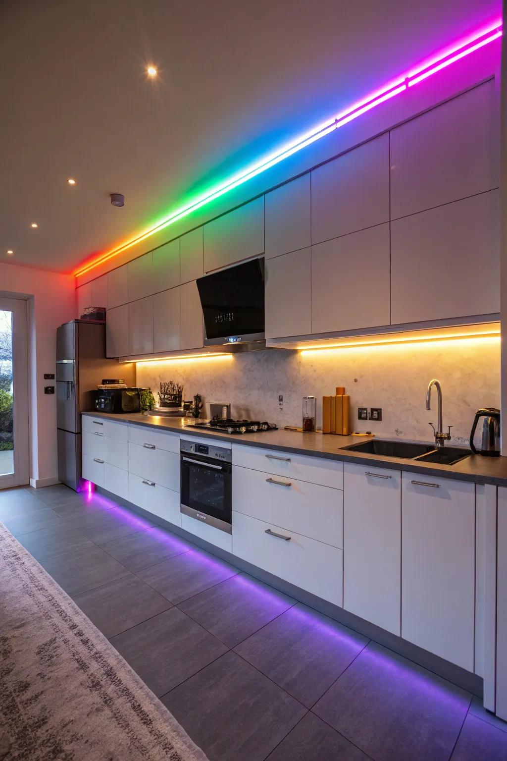 Chromatic lumina strips contribute a spirited element to the kitchen.