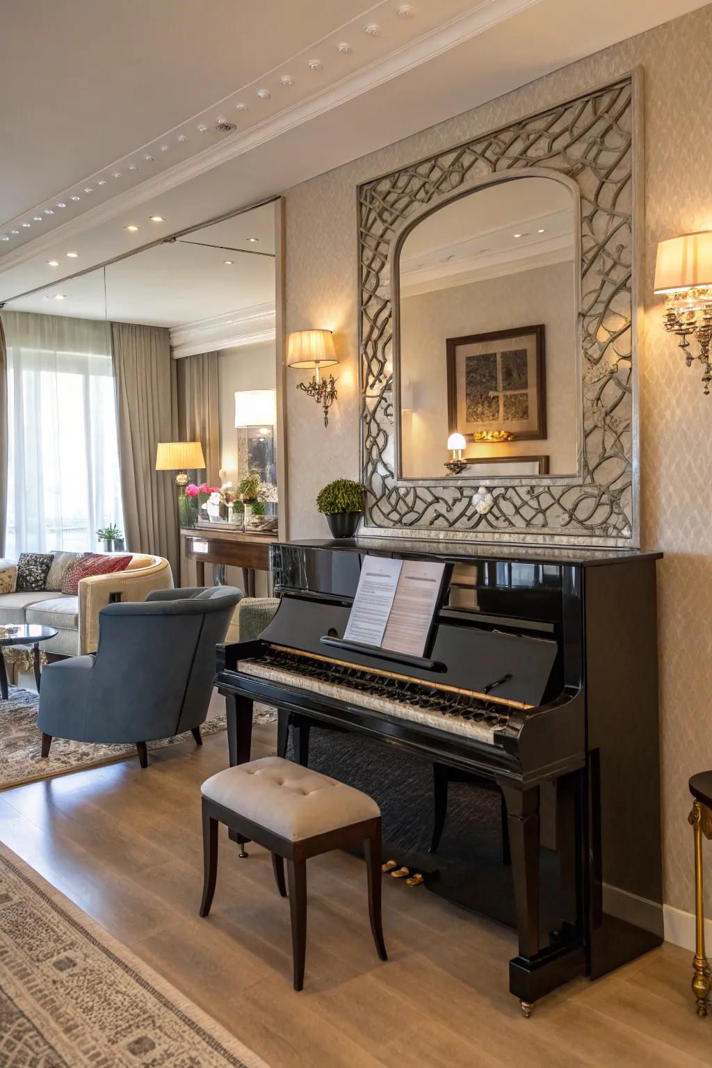 A stylish living area spotlighting an upright piano paired with an ornamental mirror overhead.