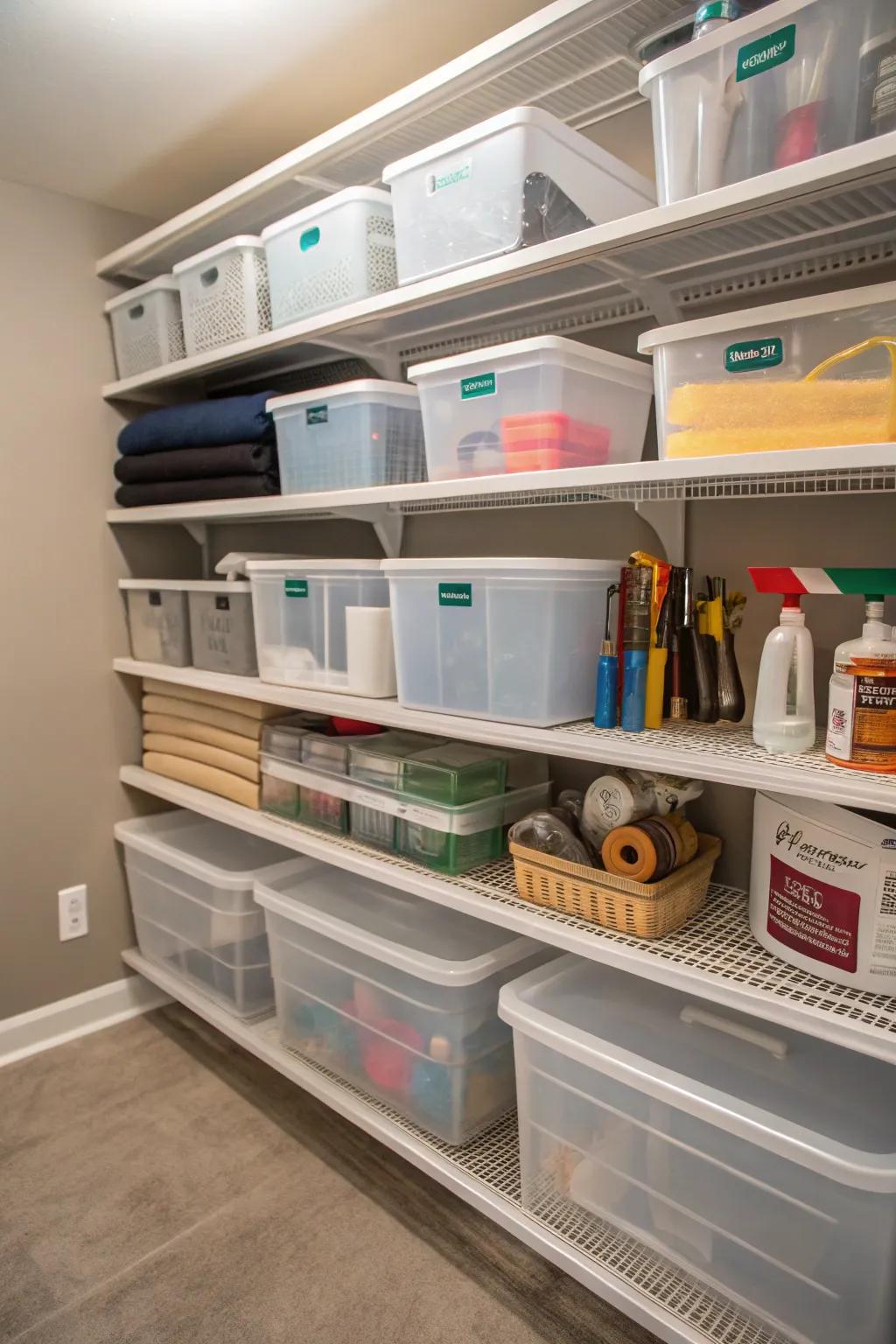 Transparent bins help keep your closet neat and simplify the process of finding items.