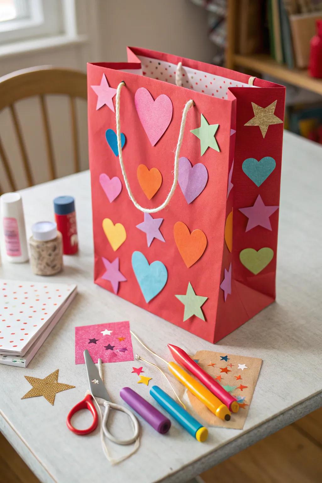 Valentine's gift adorned with lively paper cutouts.