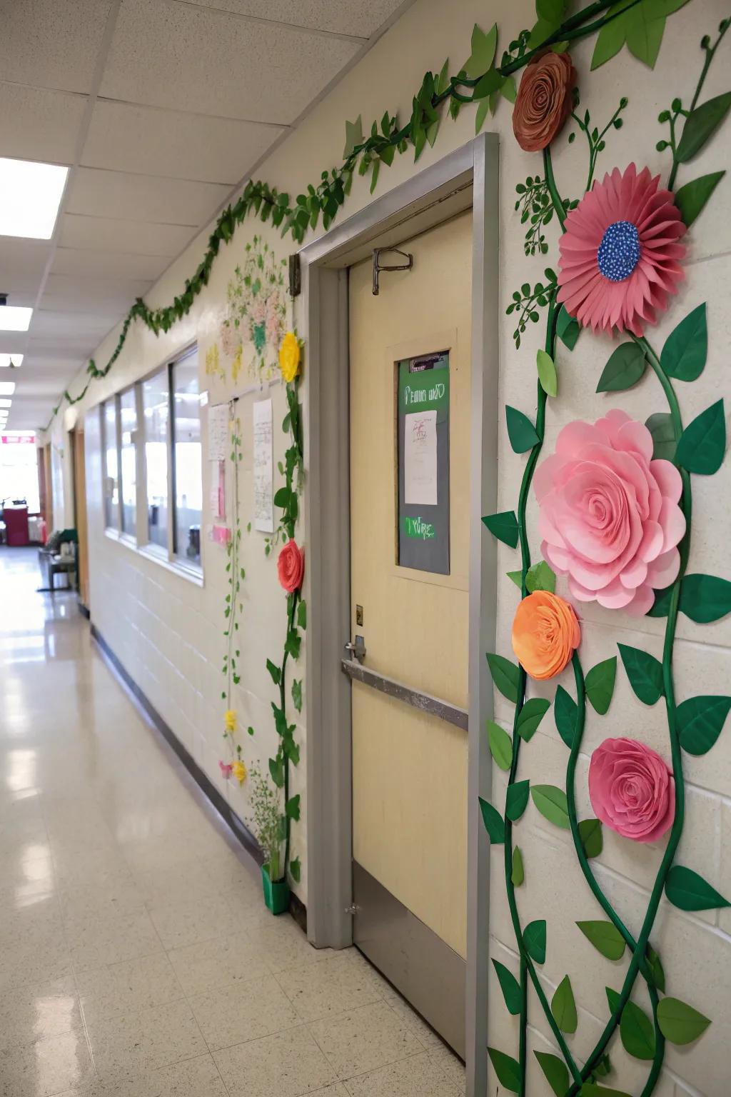 A classroom door decorated with verdant vines and paper flowers, signifying affection in bloom.
