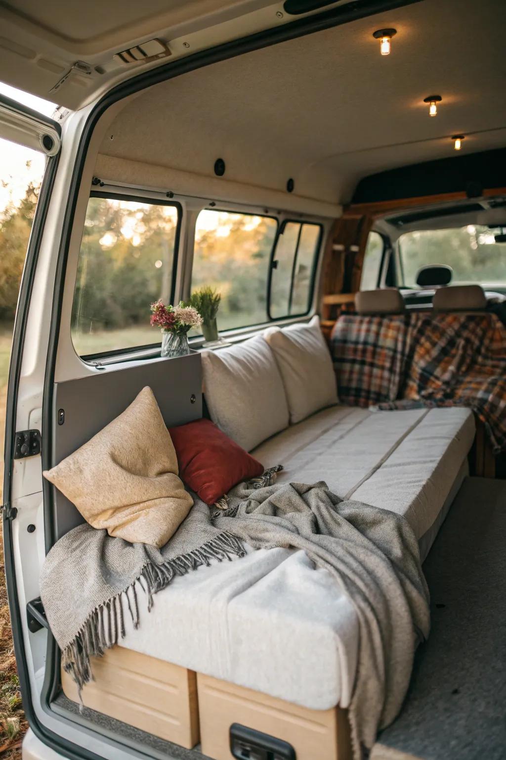 Adaptable furnishings optimize both space utilization and functional efficacy within a van environment.
