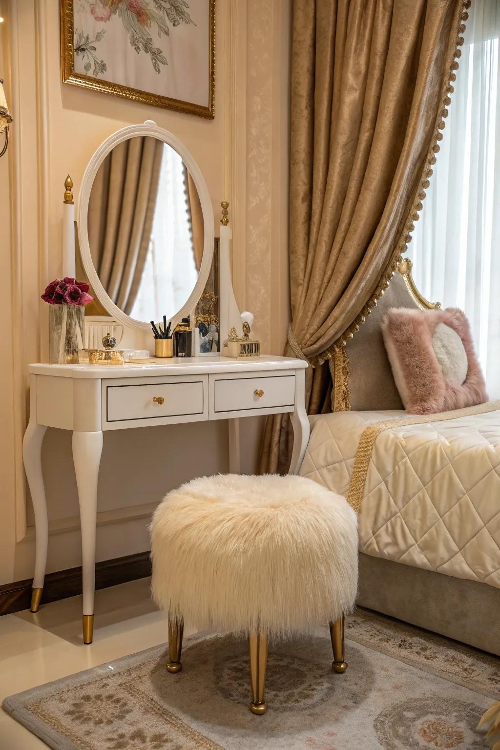 A plush, furry stool introduces comfort and style.