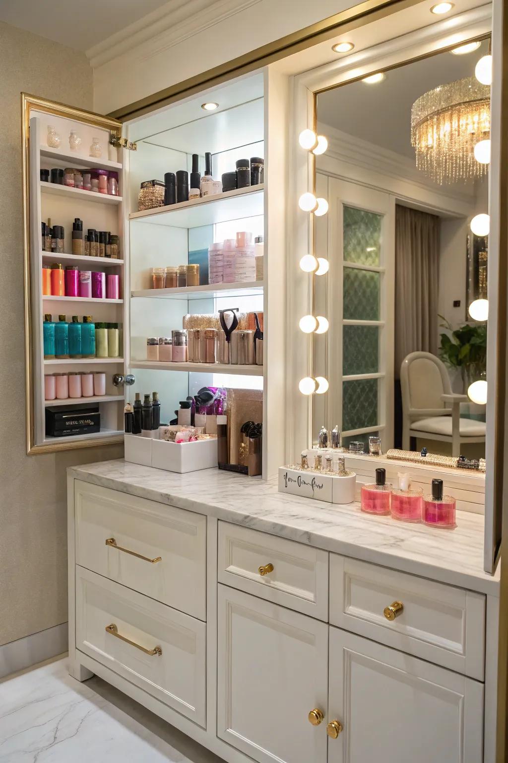 Chic integrated storage ensures everything is accessible and orderly.