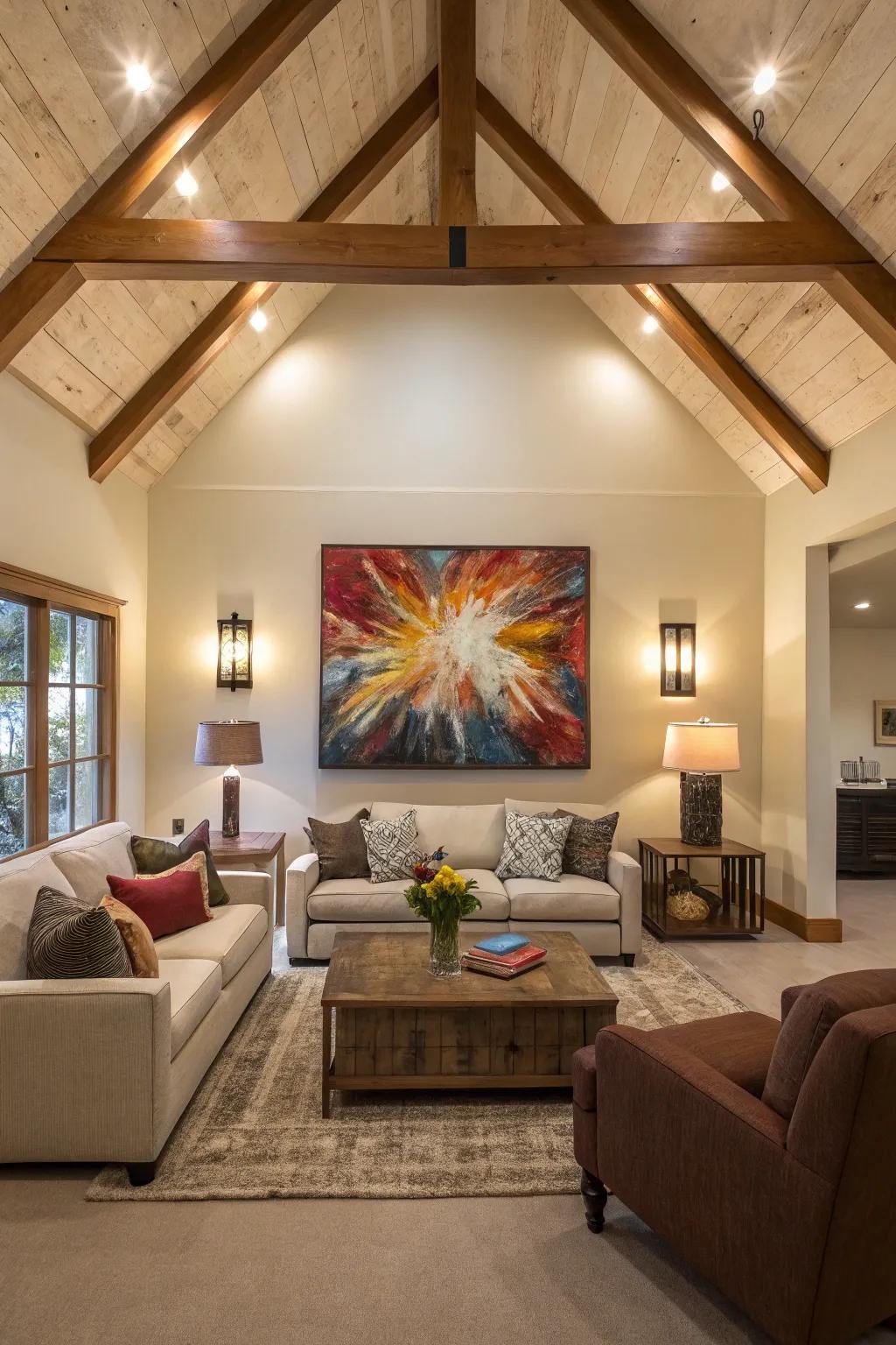 Living room featuring a vaulted ceiling and grand non-figurative art on the accent wall