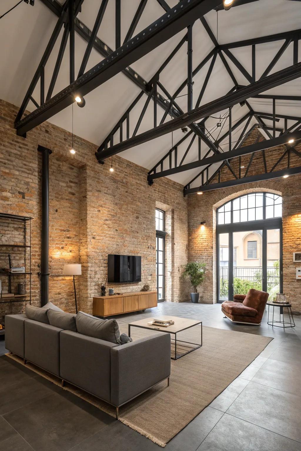 Industrial chic with steel beams on a vaulted ceiling, perfect for urban lofts.