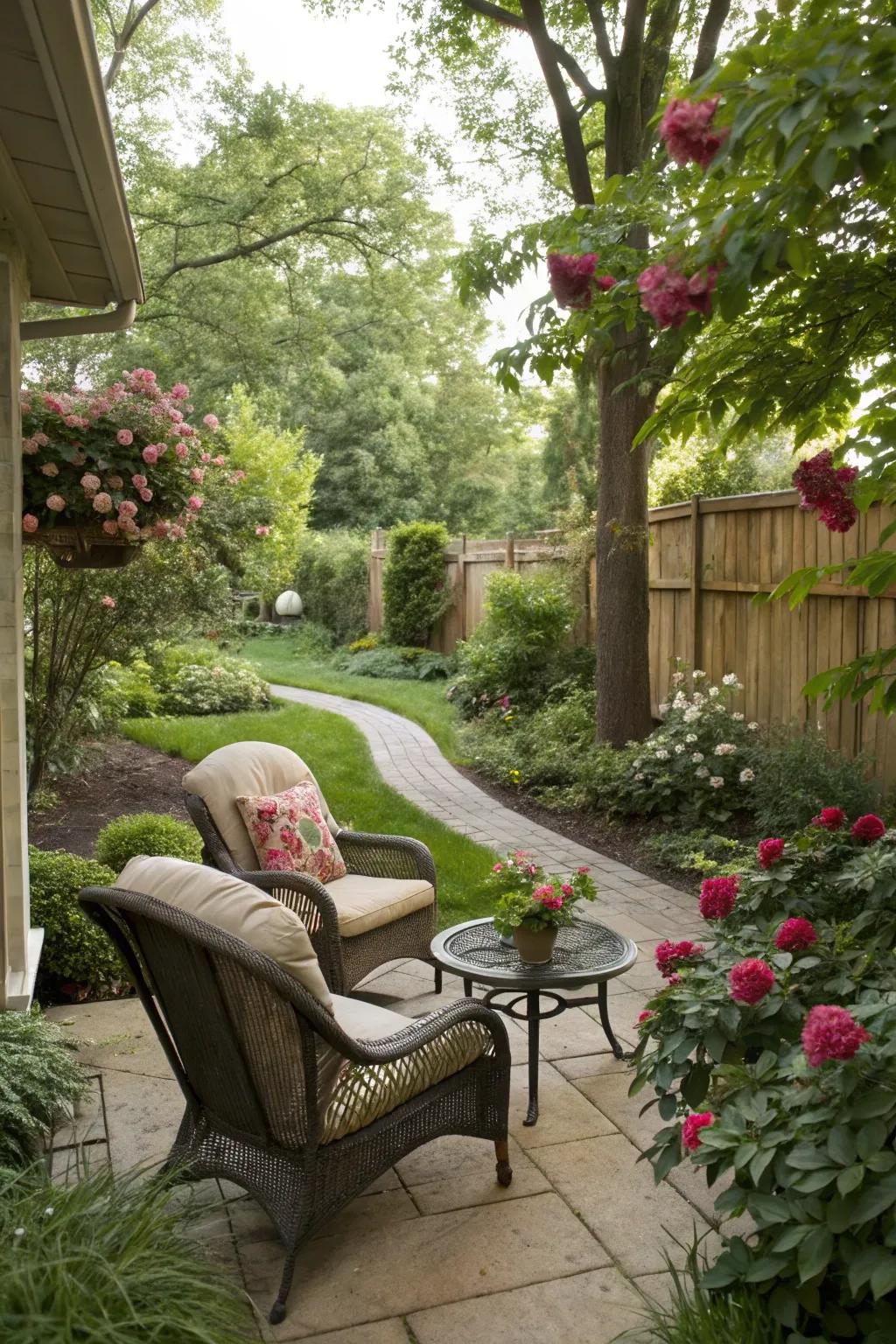 An inviting open-air seating enclave nestled amid resplendent garden flora.