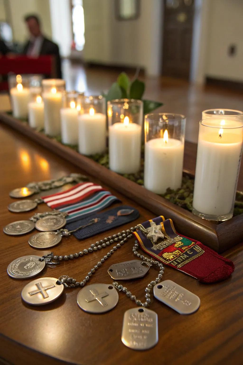 A centerpiece devoted to honoring veterans through military memorabilia.
