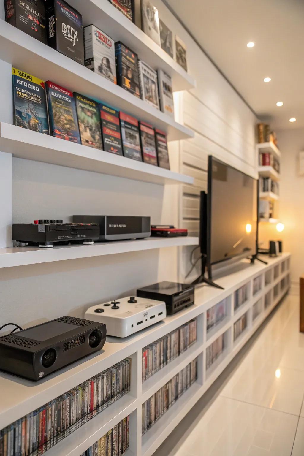 Shelves affixed to the wall showcasing a video game collection.