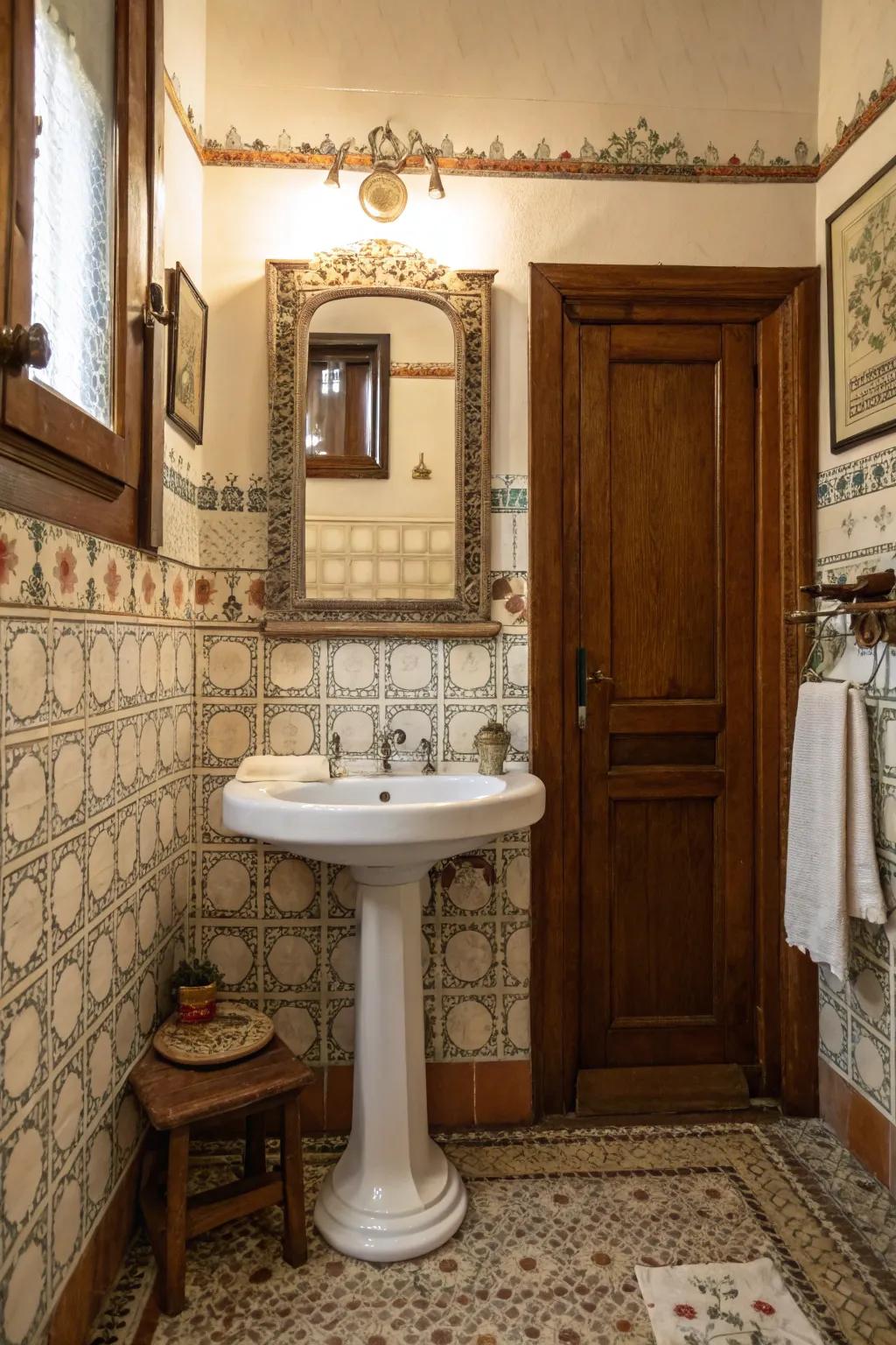 An upright sink introduces a traditional sentiment to vintage bathroom decor.