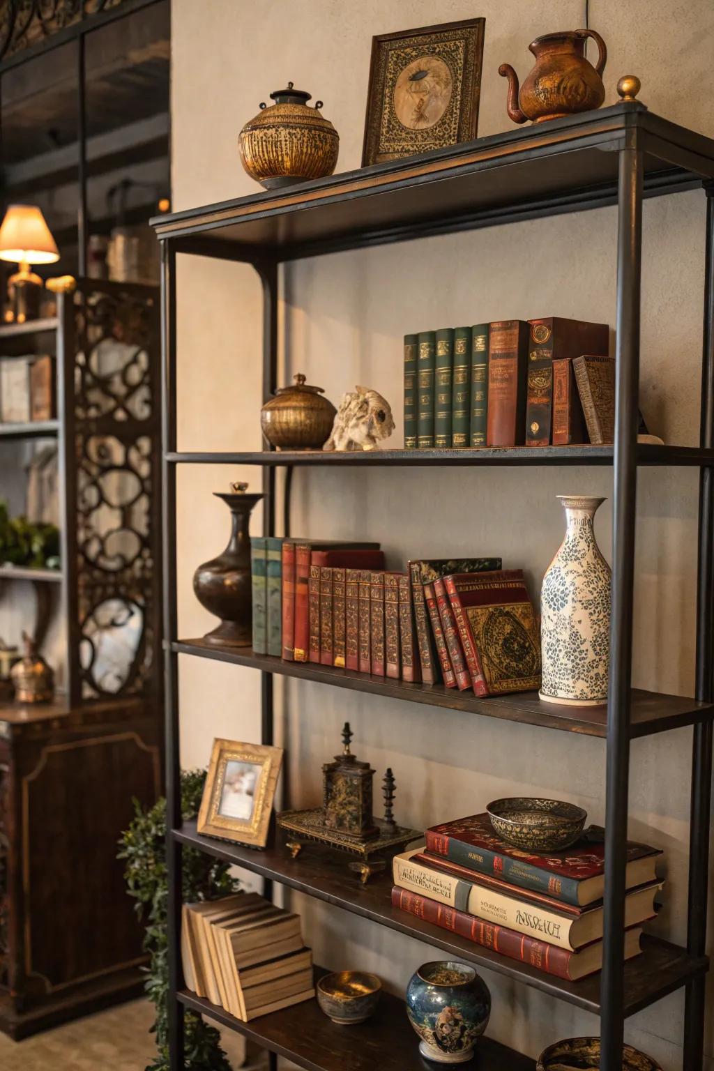 Shelving with antique flair displaying treasured vintage collectibles.