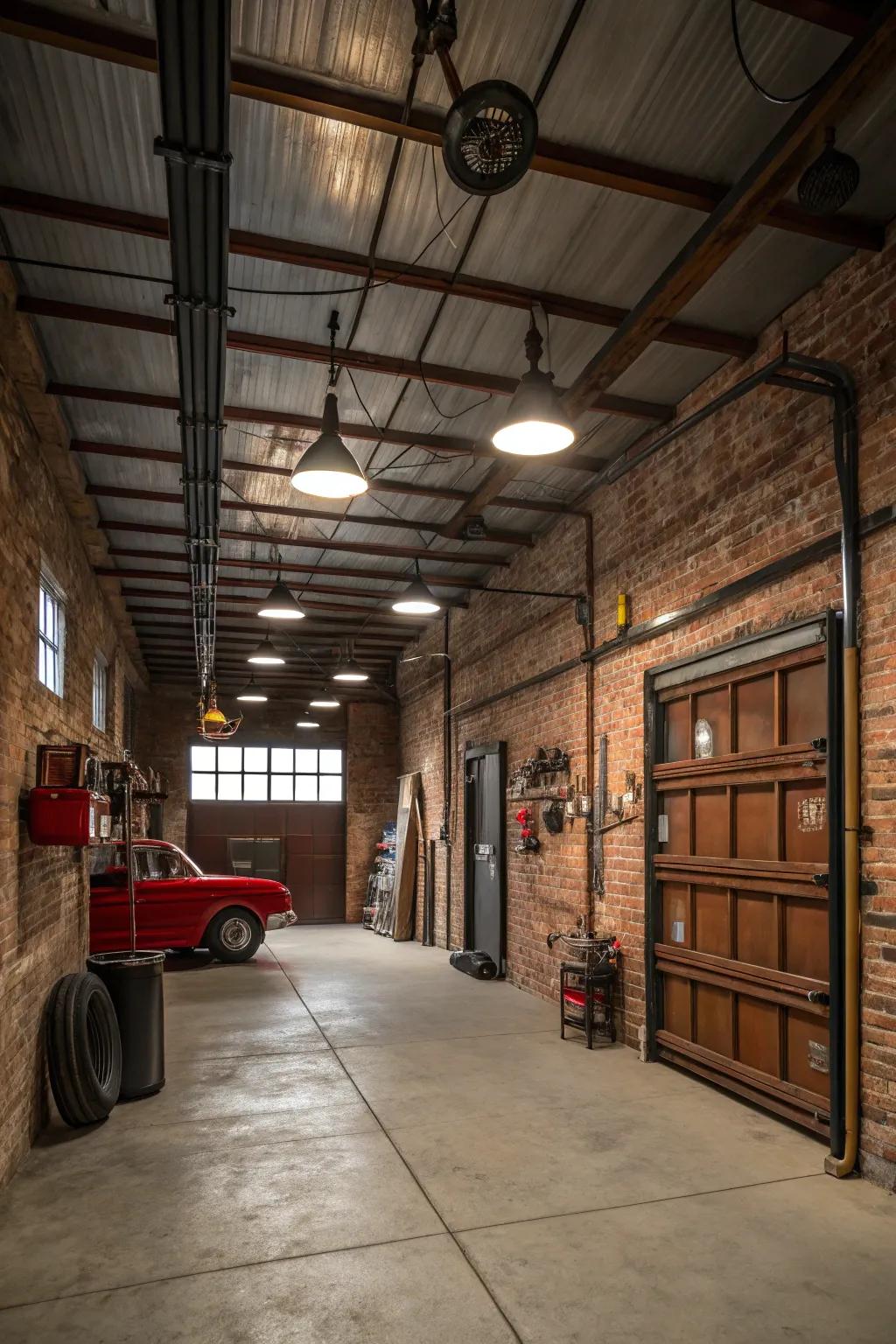 Factory-inspired decor provides a vintage garage a rugged, timeless appearance.