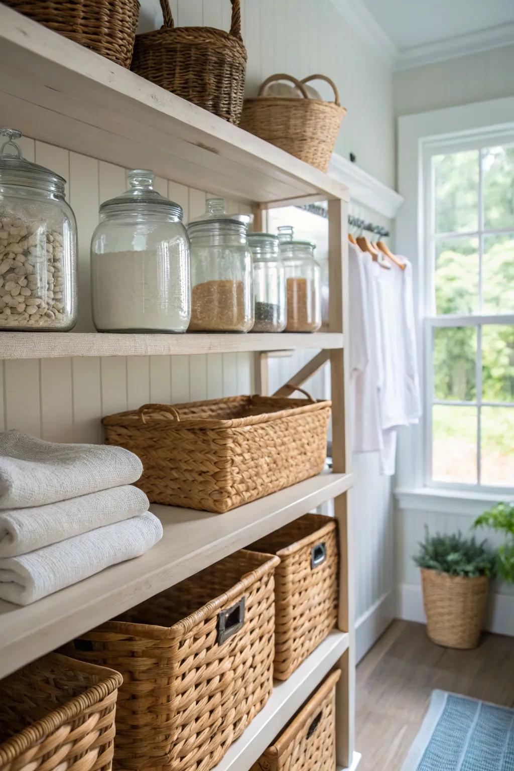 Open shelves displaying an array of period containers and crates.