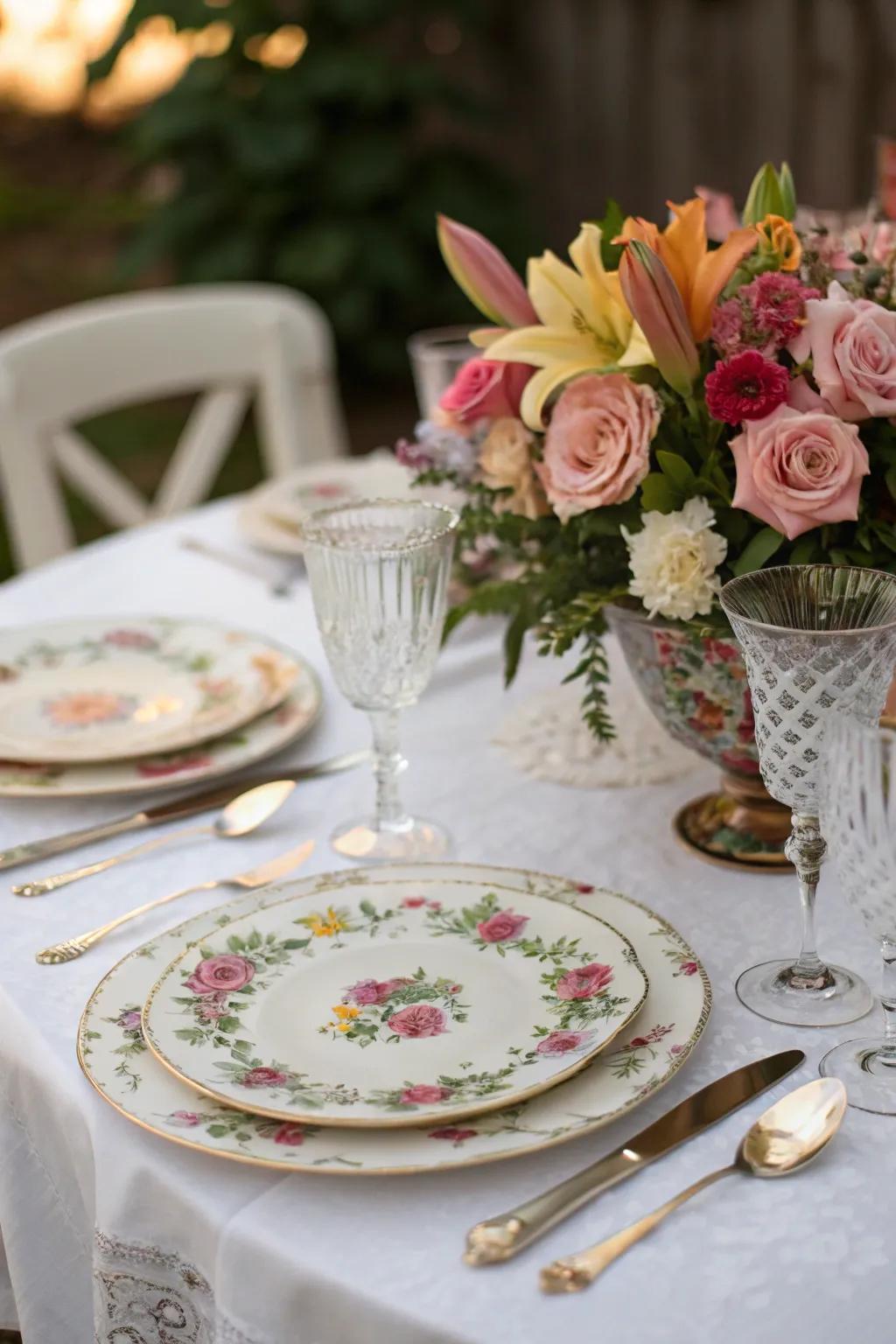 A stylish retro table setup with flower and tableware elements.