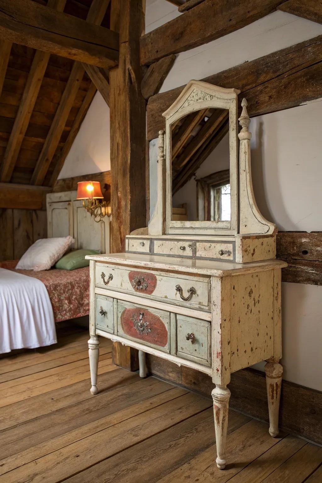 A weathered finish provides a rustic appeal to your vintage vanity.