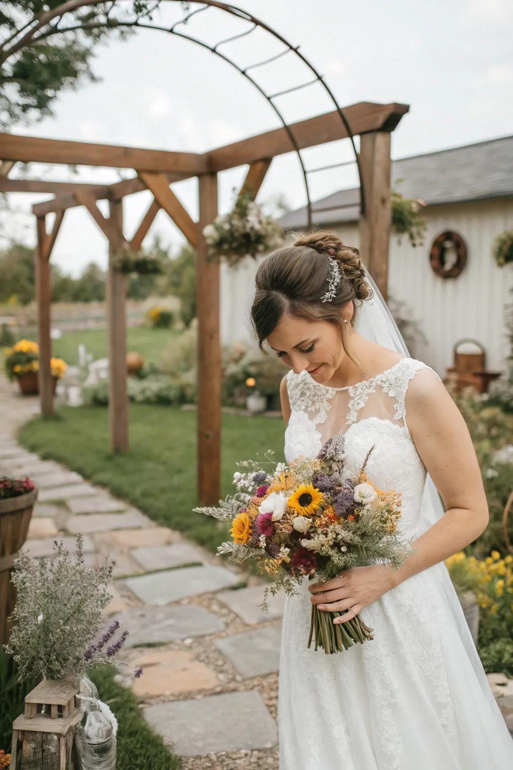 A bride carries a rustic meadow bouquet at her vintage wedding.