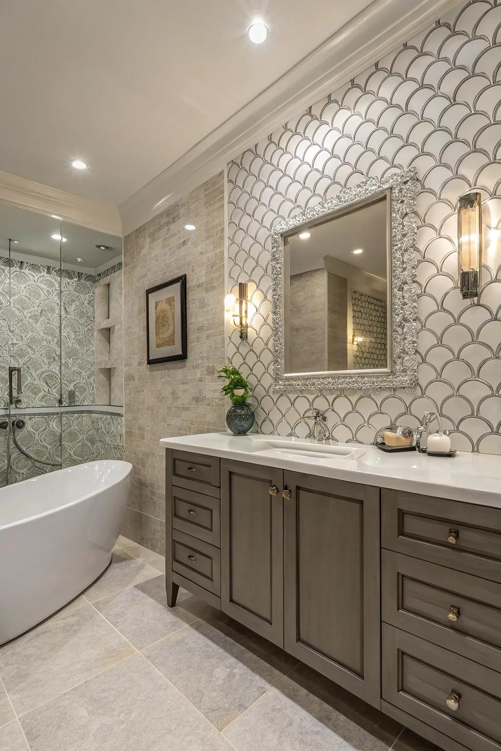 Textured tiles enrich bathroom wainscoting with a sense of luxury.