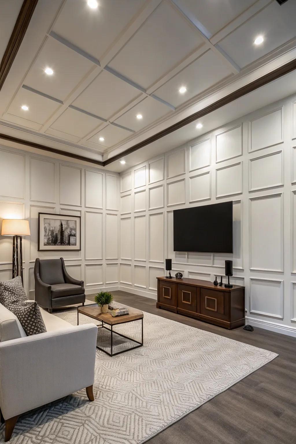A modern studio showcasing sleek smooth panel wainscoting.
