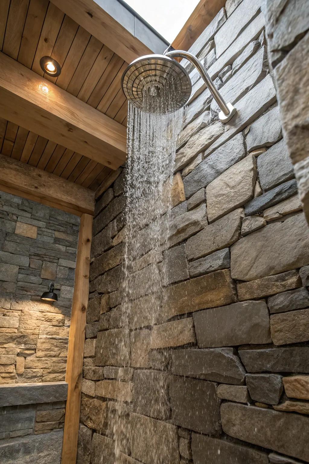 Cascading shower fixture in a rock-walled shower.