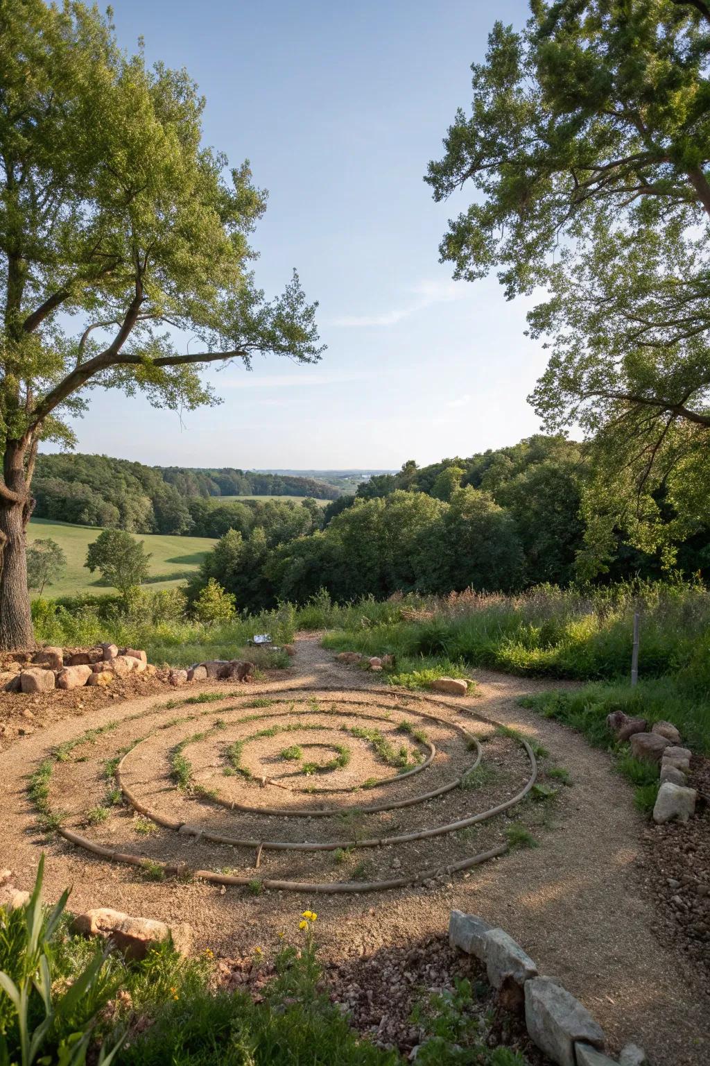 A wood chip path labyrinth delivers a countryside and earthy ambling adventure.