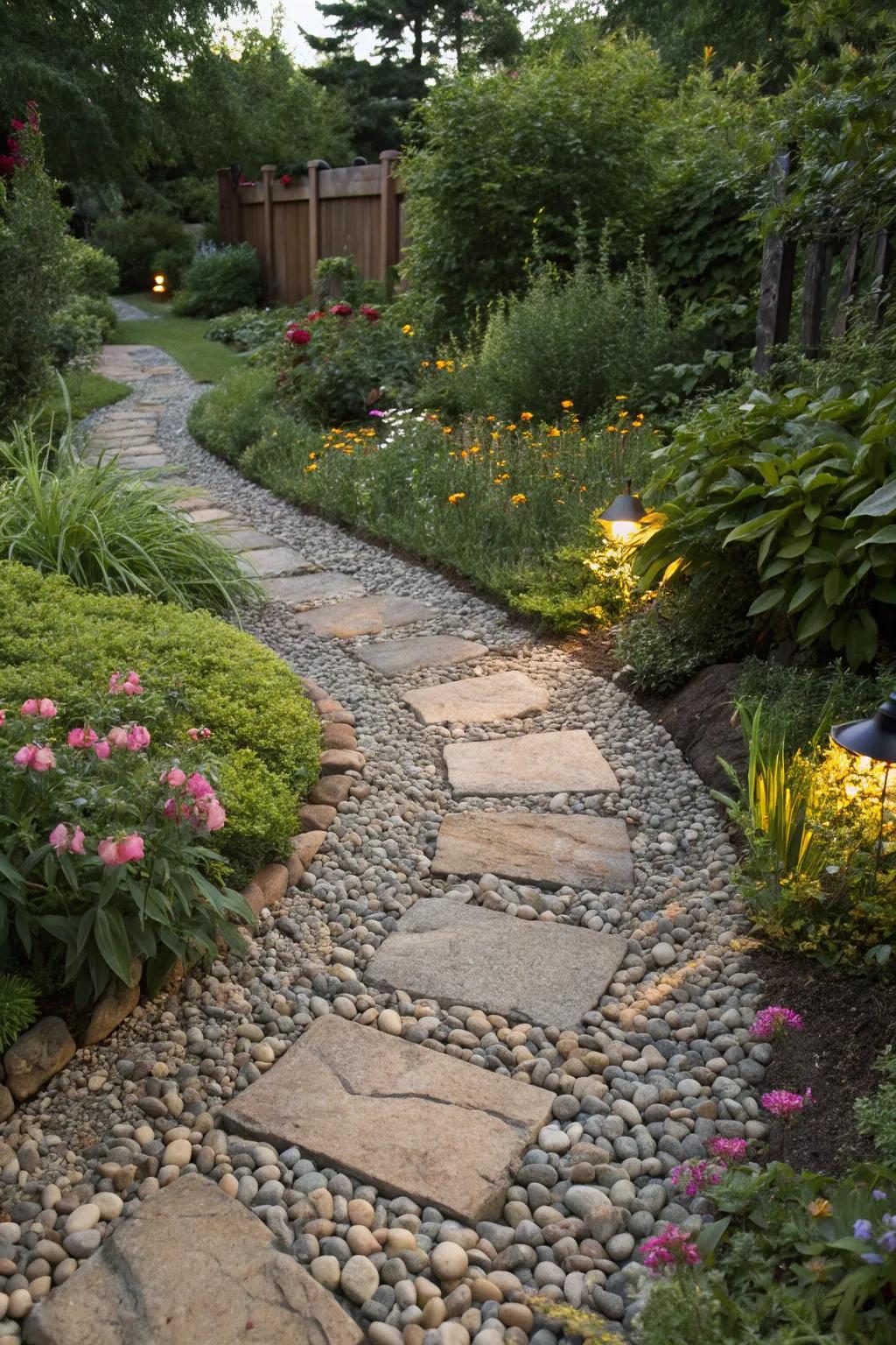 Varied surfaces like small stones and stone enrich your walkway.