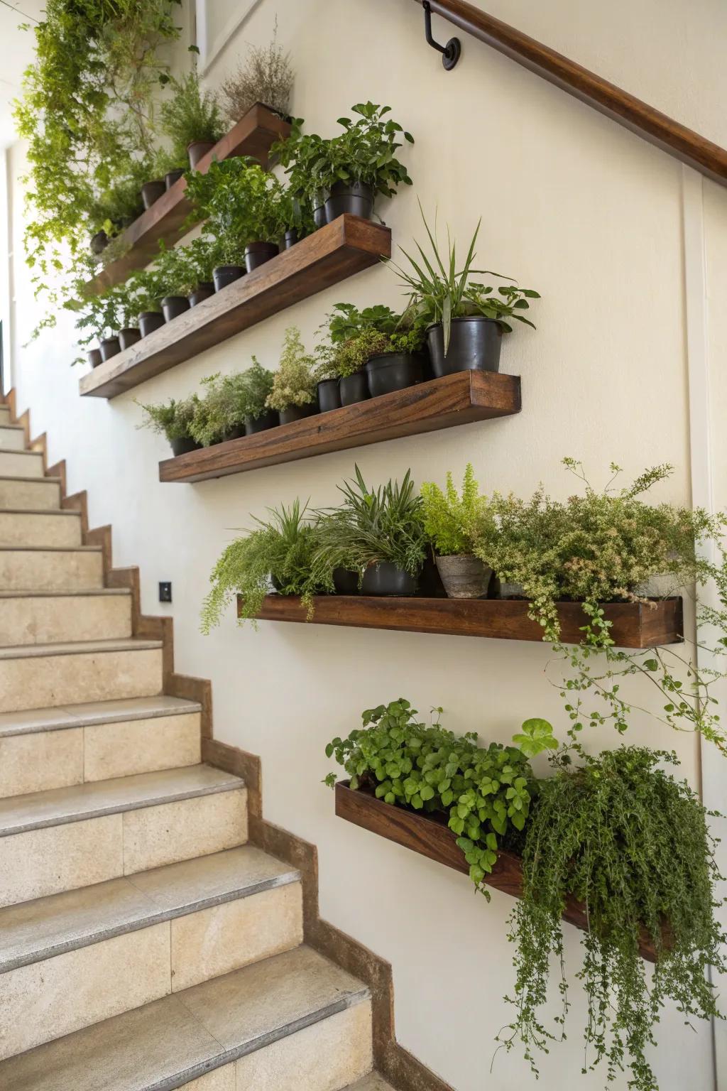Merge nature with your indoor environment through a stairway wall brimming with plants.