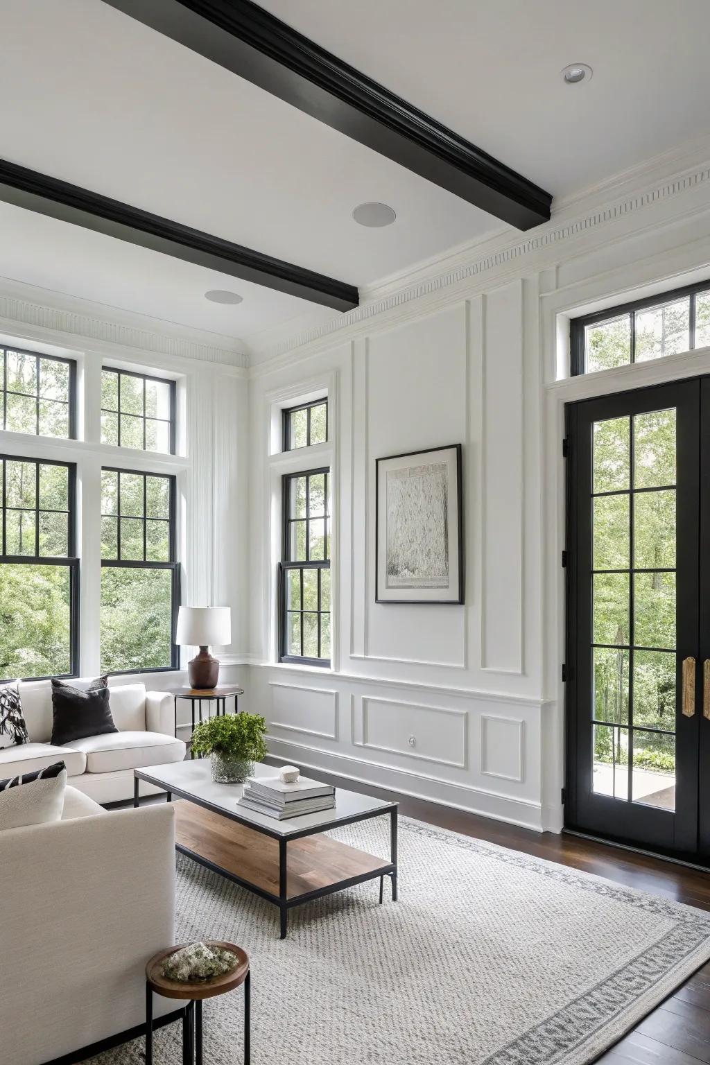 Sophisticated and dramatic with chalky walls and onyx trim.