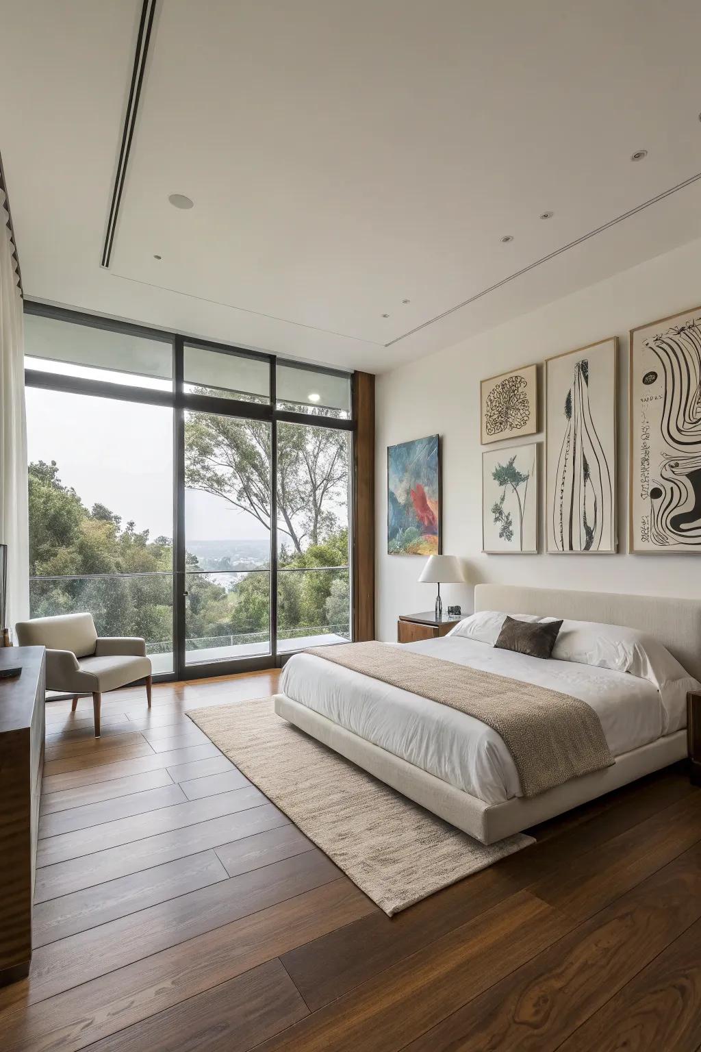 Non-represential art shares a modern elegance to your bedroom.