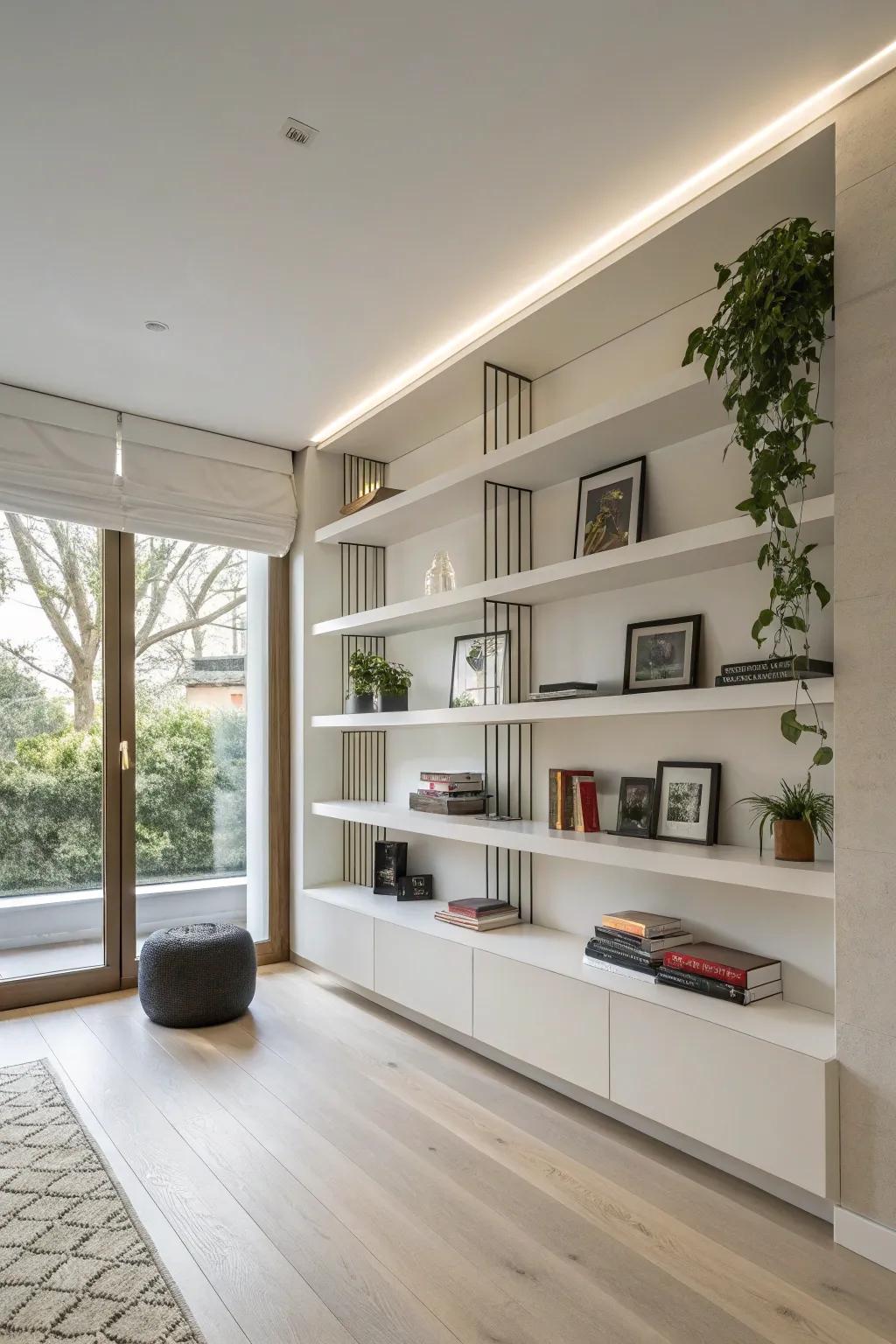 Floating shelves create a stylish and spacious ambiance perfect for contemporary interiors.