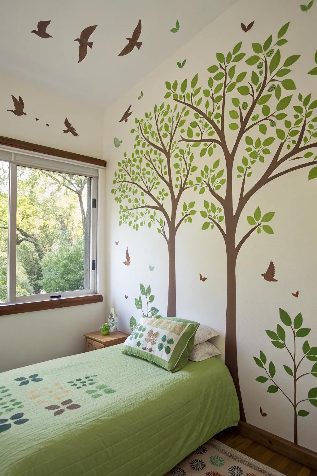Ecosystem-inspired appliqués impart a serene nuance to this bedroom.