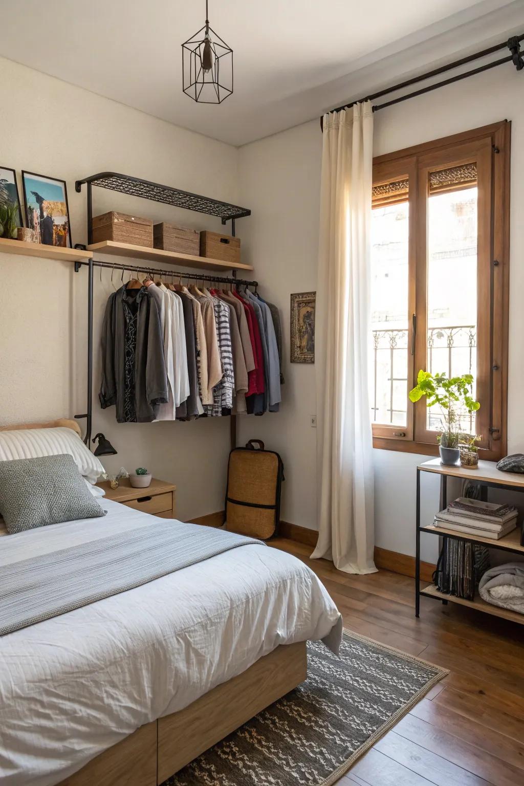 A small apartment bedroom showcasing a space-saving wall-mounted clothing rack.