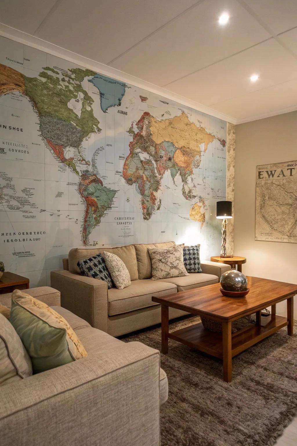 Map out your next break with a captivating world chart wall mural.