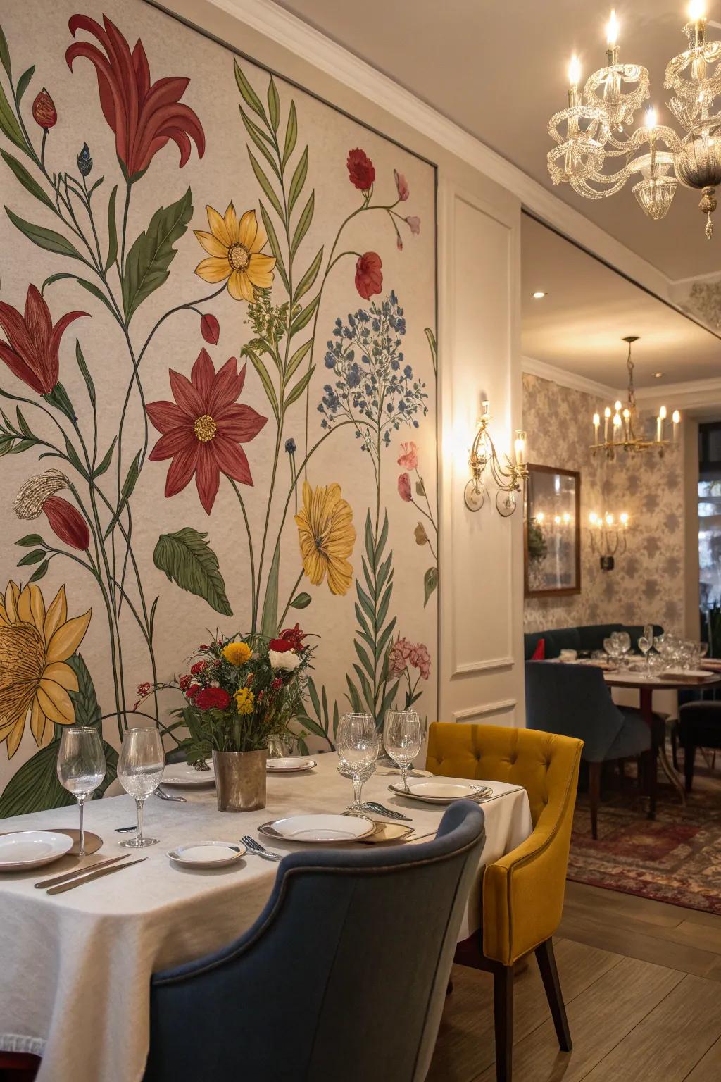 Elevate your dining area with a romantic floral mural.