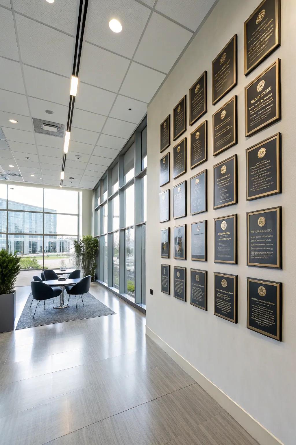 A sleek recognition display wall with a minimalist touch.