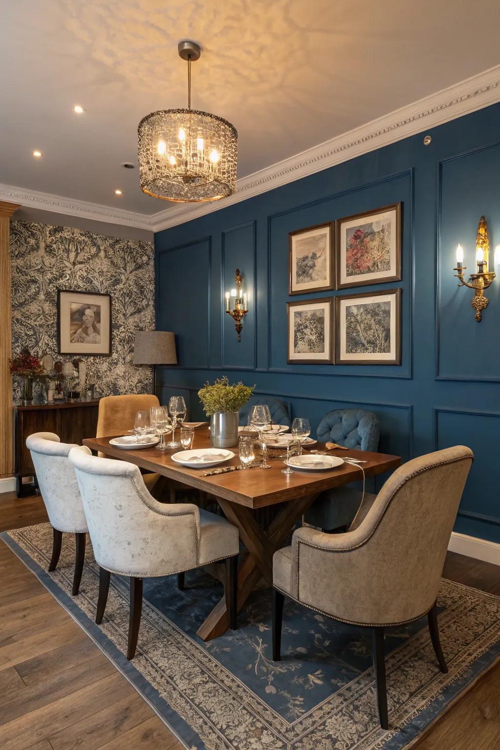 A captivating navy accent wall in an elegant dining space.