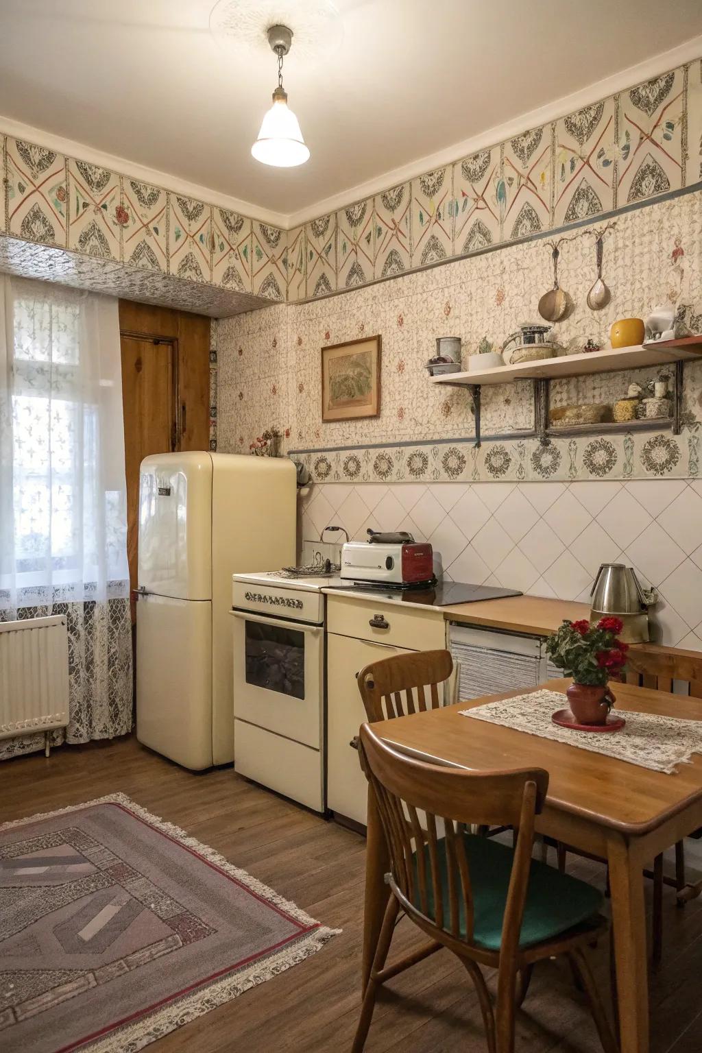 A kitchen radiating charm with a classic wallpaper edging.