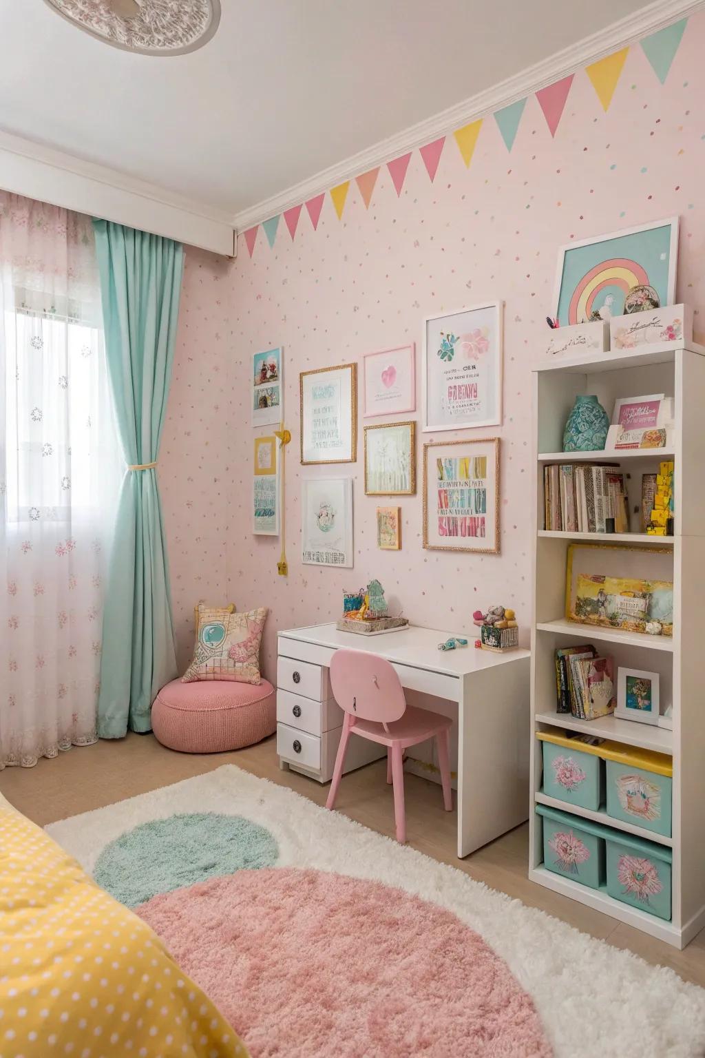 Pastels conjure a soothing and inviting atmosphere in a girl's bedroom.
