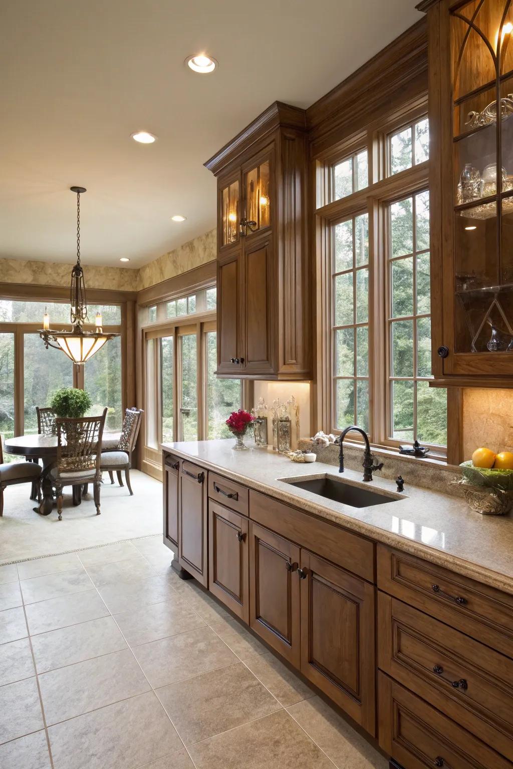 Natural light enhances the inviting tones of hickory cabinets.