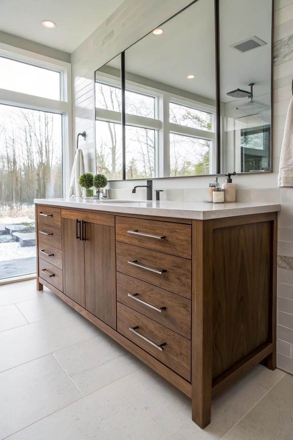 Maintain a clutter-free bathroom atmosphere utilizing clever storage solutions.