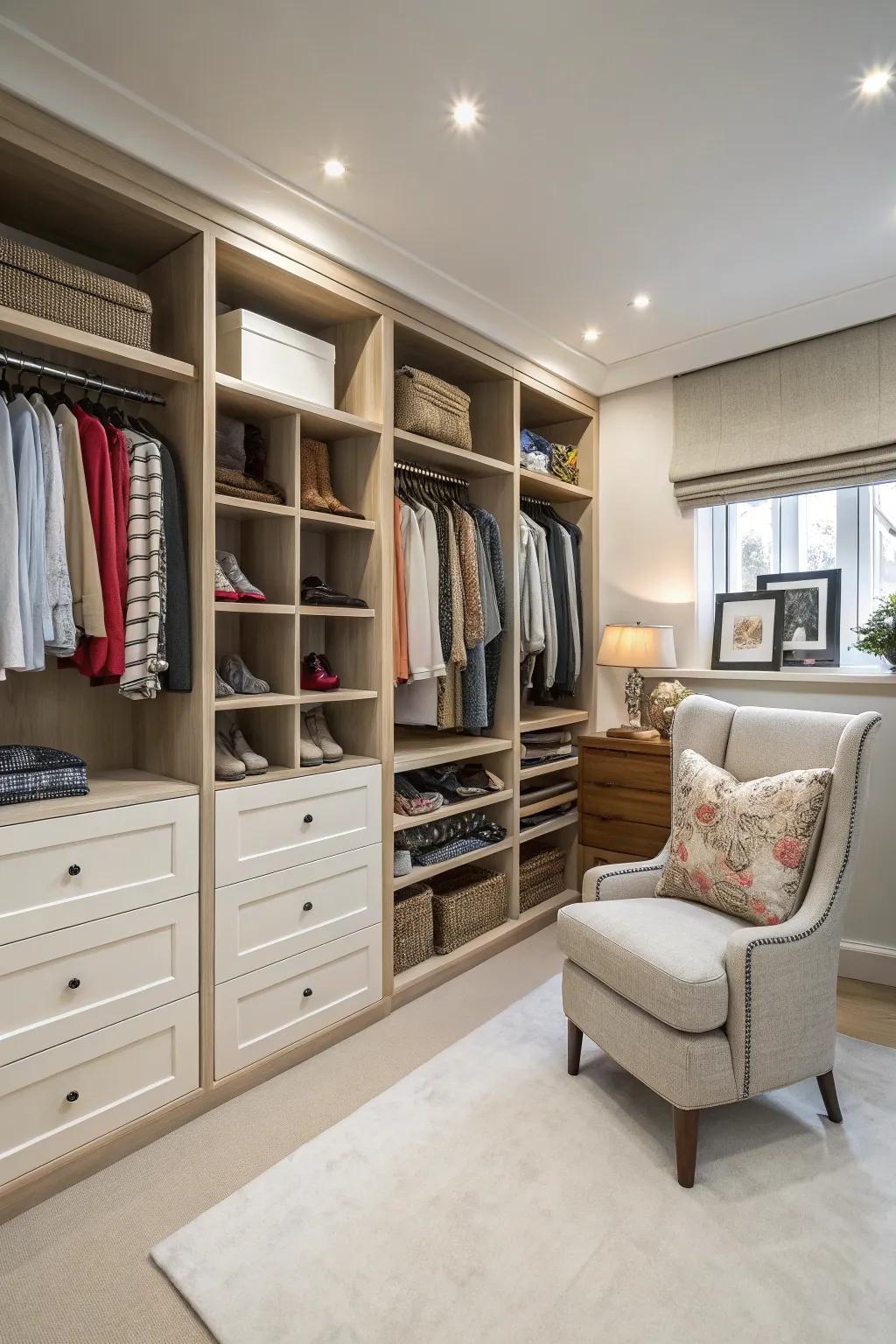 A luxurious walk-in closet with organized storage.