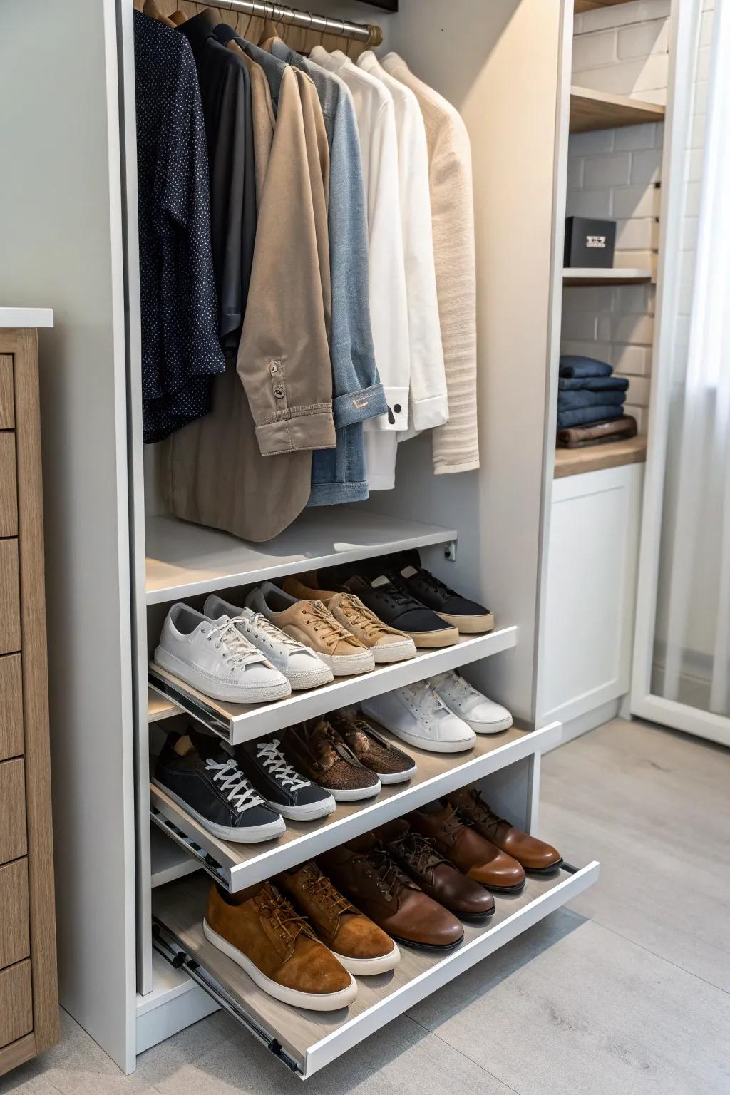Extendable shoe storage units deliver practical and fashionable footwear organization.