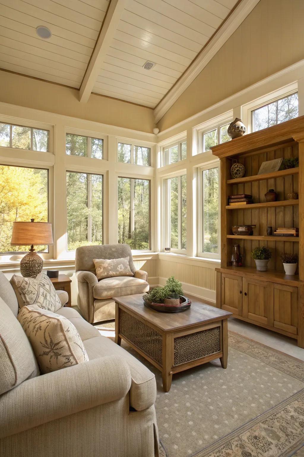 Sunroom with soft beige walls, creating a cozy and inviting area.