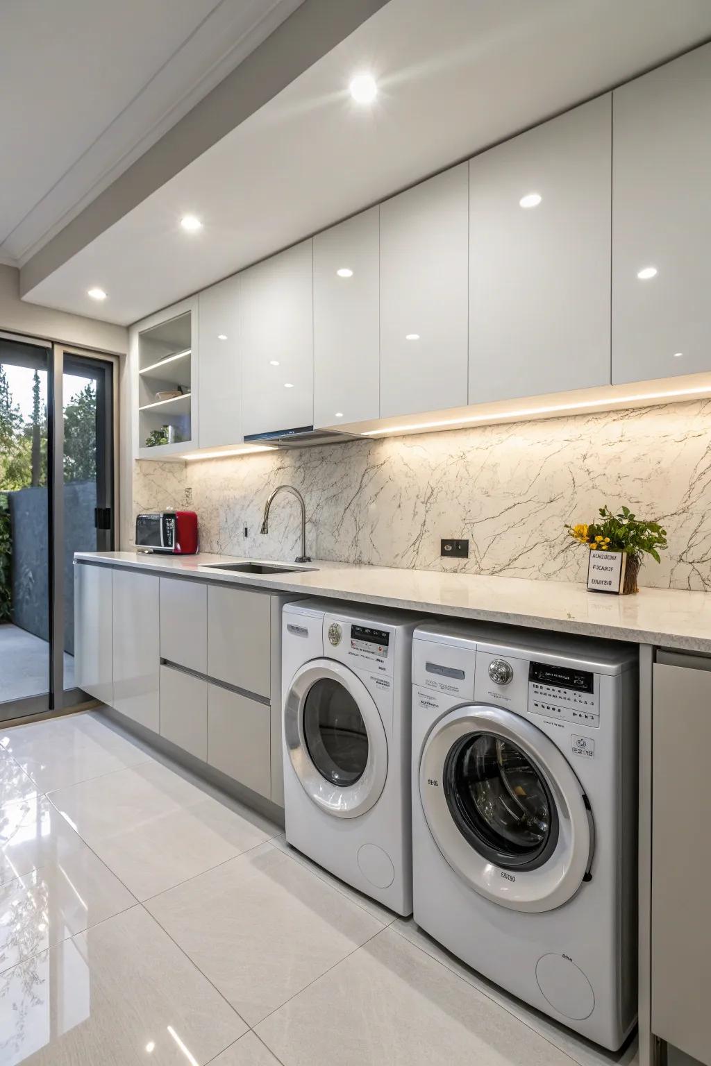 A washer and dryer ingeniously concealed beneath a kitchen countertop.