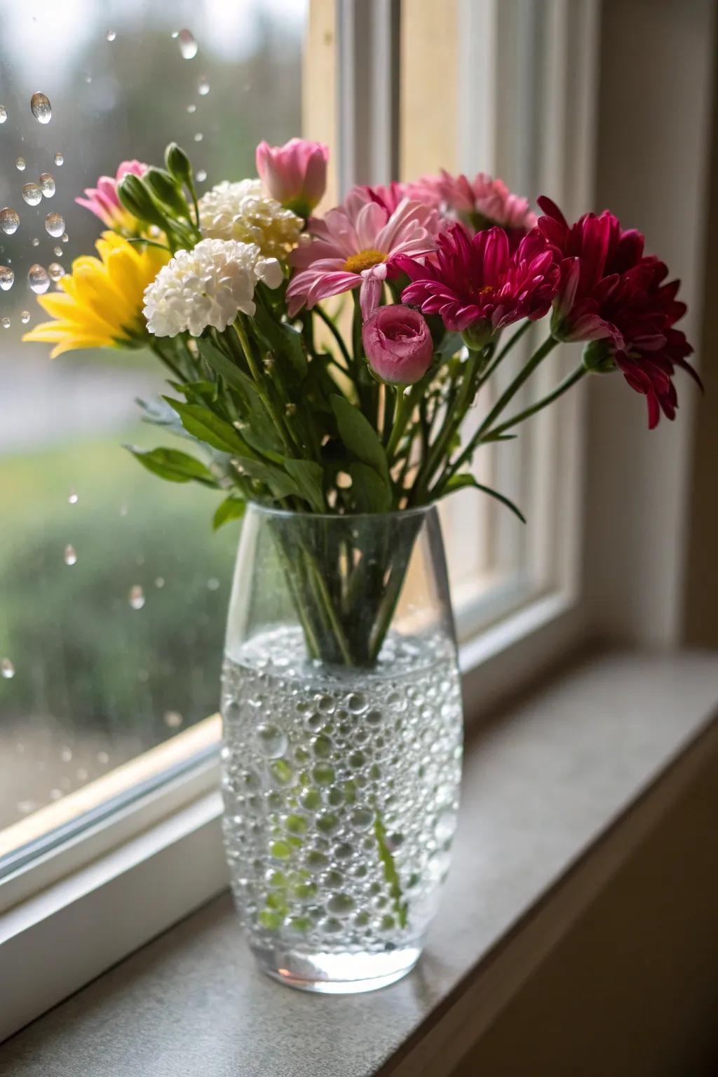 Newly cut blooms matched with aqua gems usher in Mother Nature’s allure.