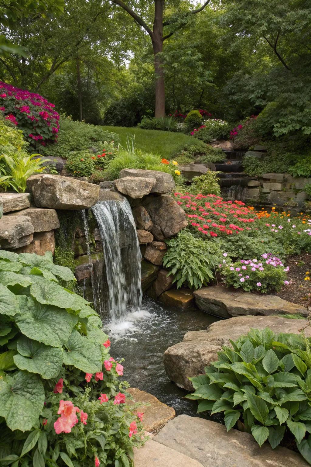 A seamless integration of stones, botanical elements, and blossoms adorning a garden waterfall.