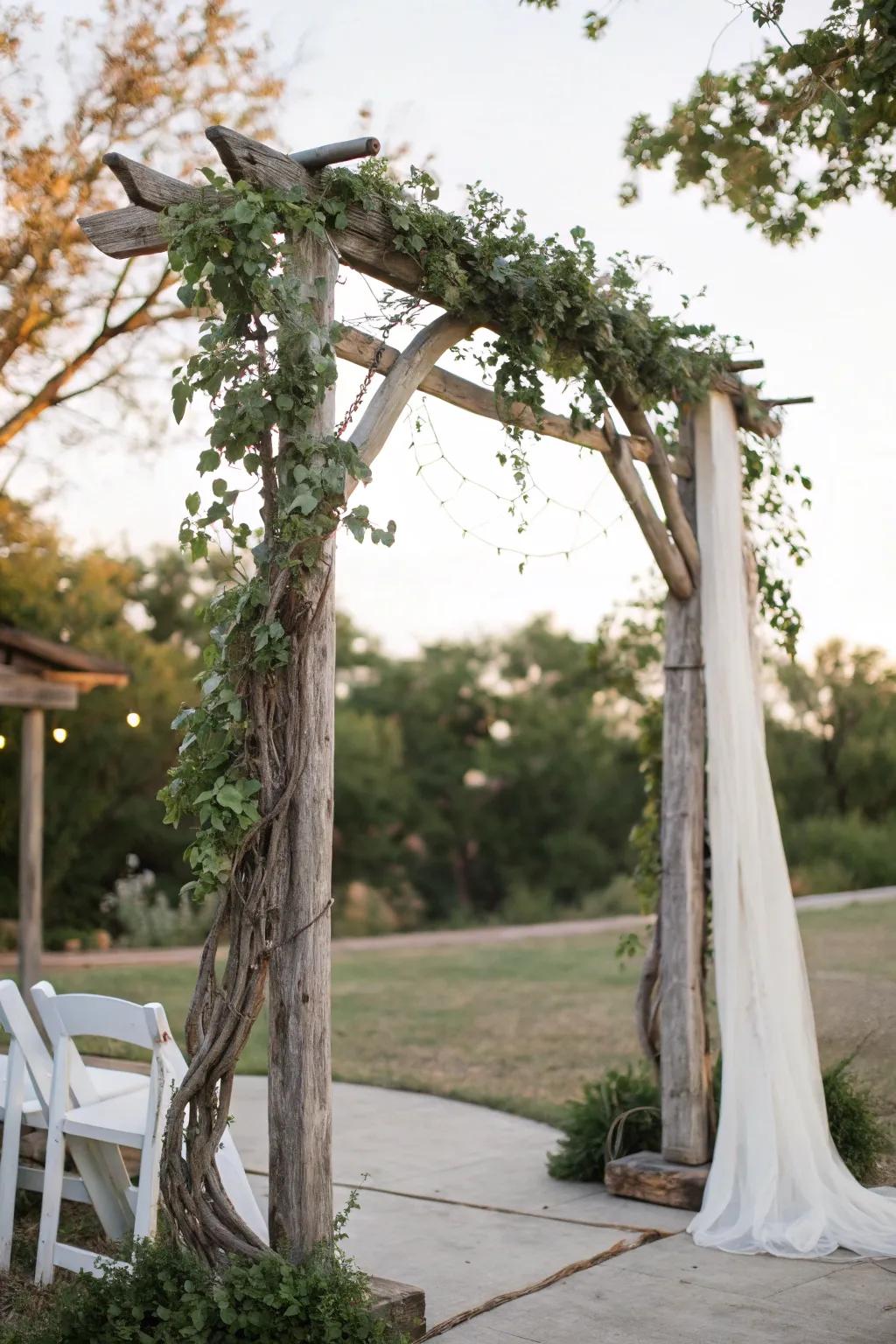 A delightful wood arch that contributes country appeal to your ceremony.