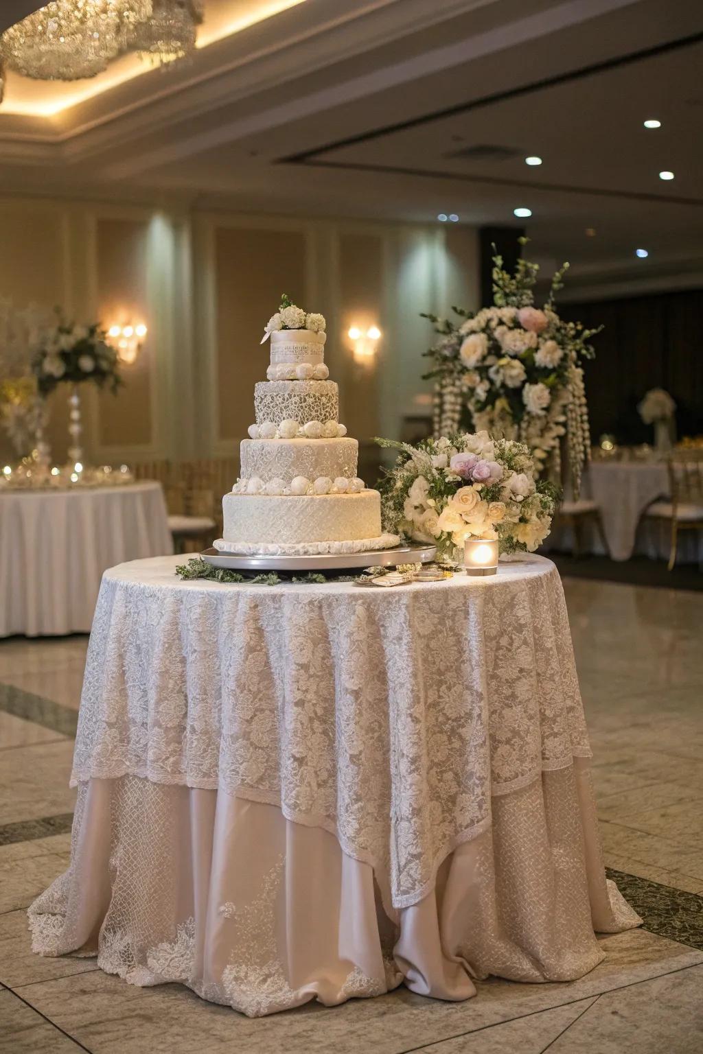 A wedding cake placed on a table decorated with classy lace textiles.