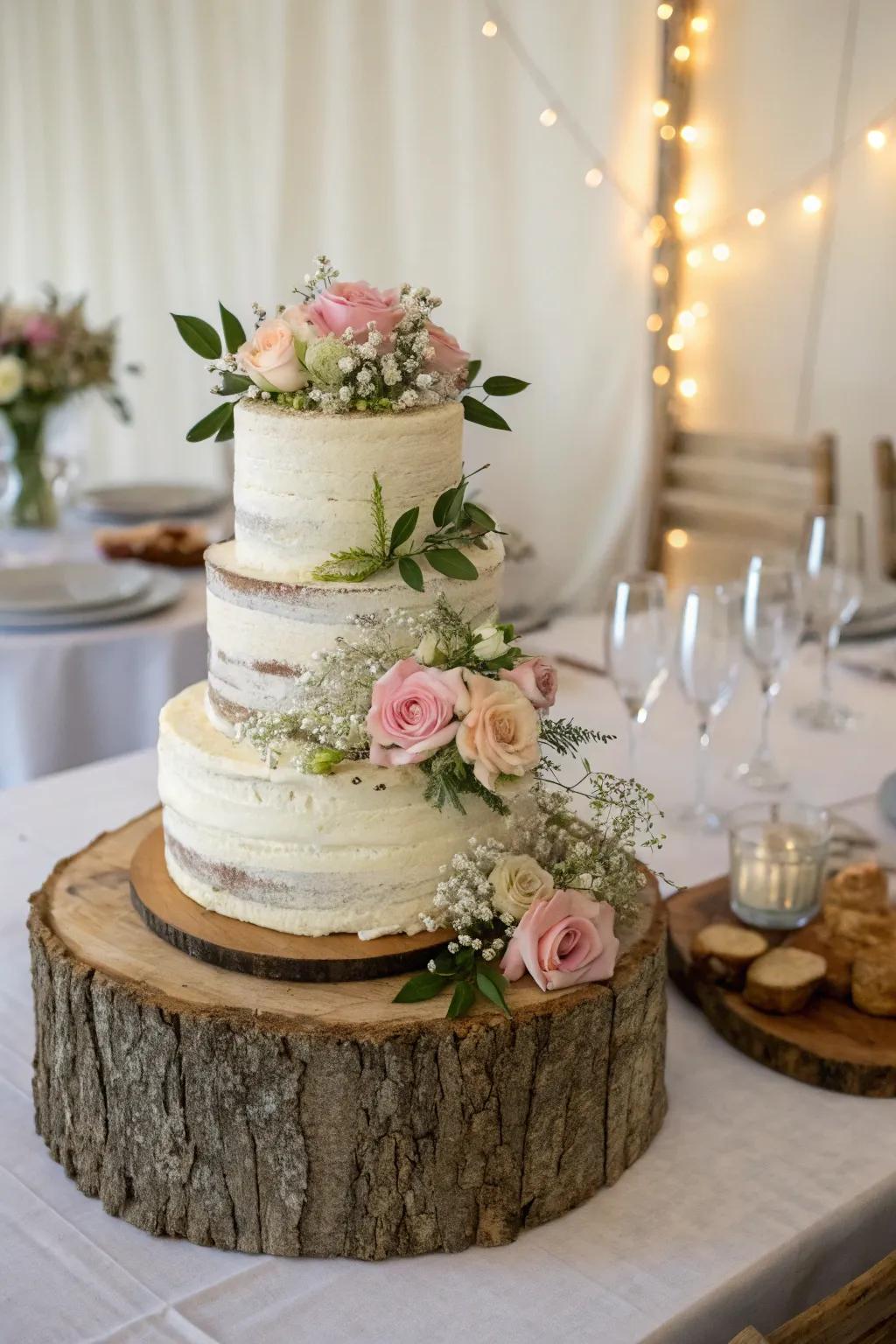 Earthy charm as wooden details enrich the cake area.