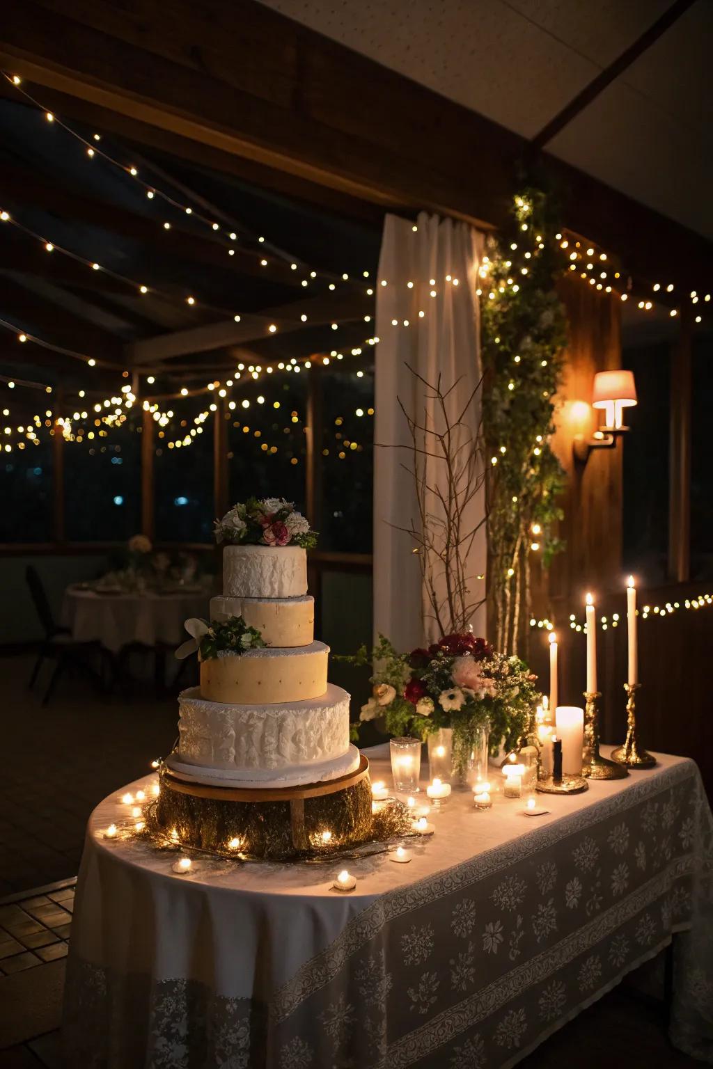 A wedding cake arrangement alight with twinkle lights and votives.